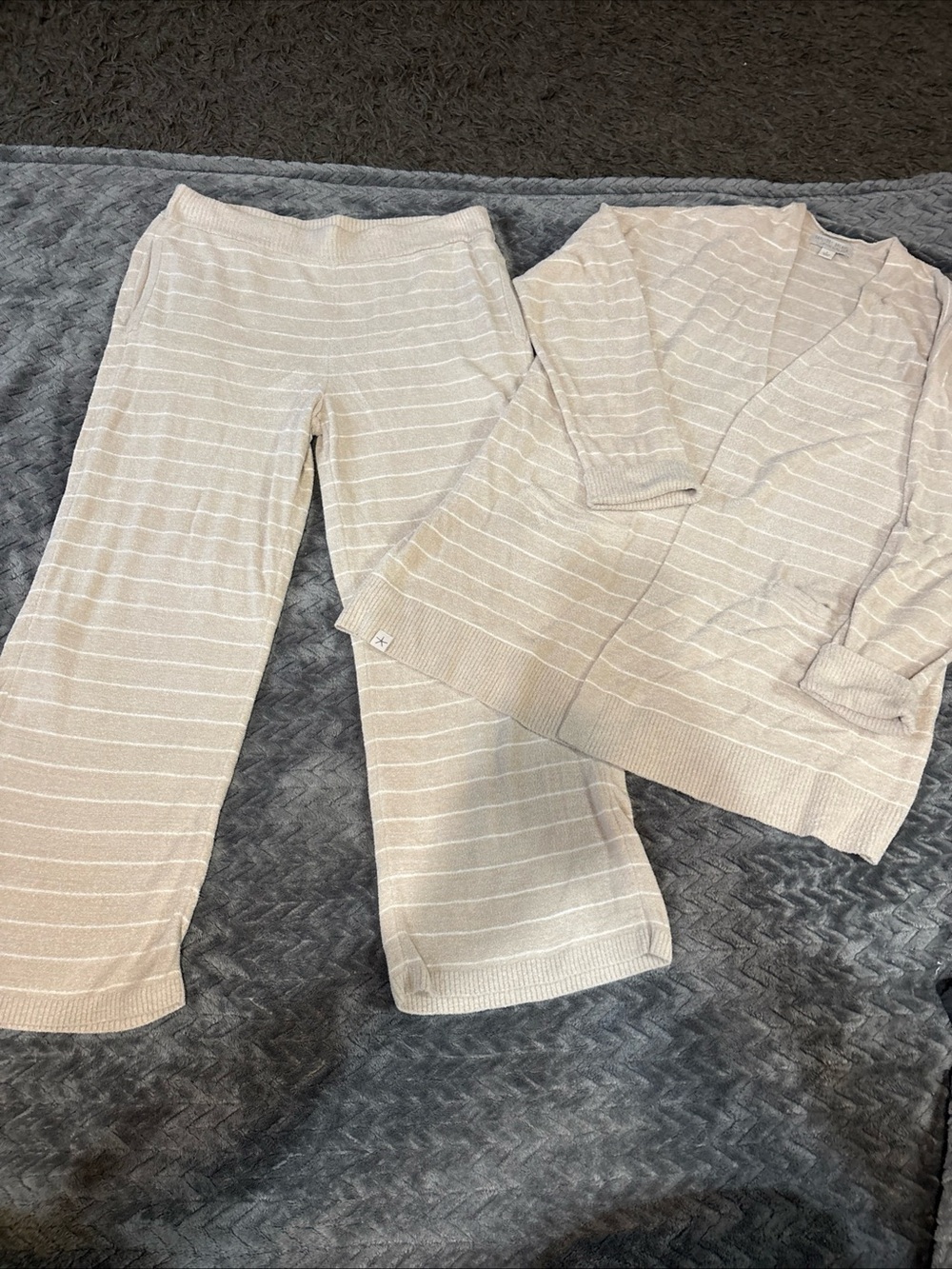 Barefoot Dreams Cream and Tan Striped Cozy Cardigan and pant set